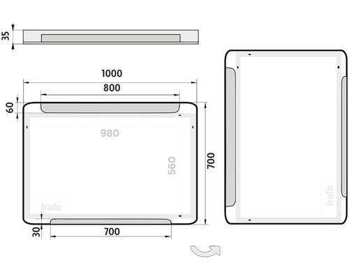 Technický nákres zrkadla so svetlom a rozmermi