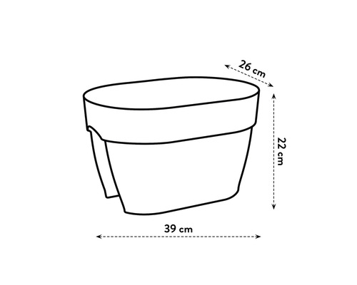 Ilustrácia kvetináča s rozmermi 26 cm šírka, 22 cm výška a 39 cm dĺžka