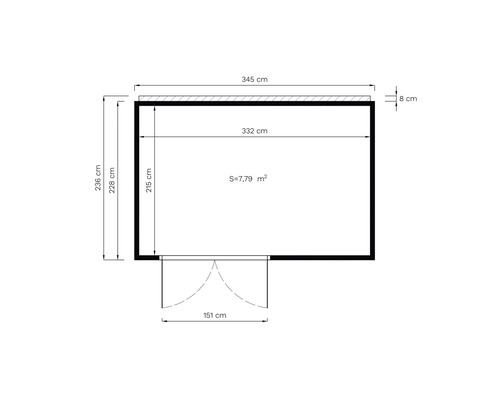 Pôdorys s rozmermi: šírka 345 cm, výška 236 cm, plocha 7,79 m²