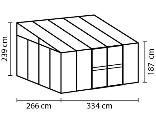 Nákres skleníka s rozmermi 266 cm, 334 cm, 239 cm a 187 cm.