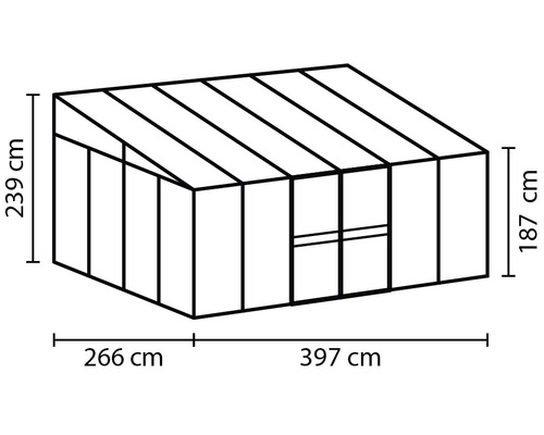 Rozmery skleníka: výška 239 cm, šírka 187 cm, dĺžka 266 cm a 397 cm