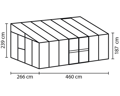 Obrázok skleníka s rozmermi 266 cm, 460 cm, 239 cm a 187 cm.
