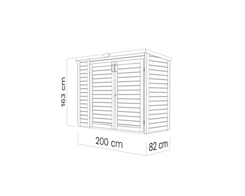 Záhradná skriňa s rozmermi 163 cm výška, 200 cm šírka a 82 cm hĺbka.