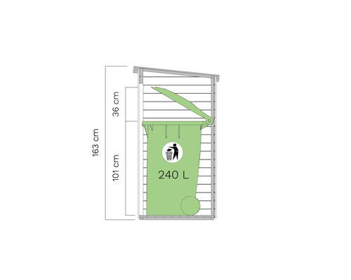 Bočný pohľad na domček na smetné nádoby s rozmermi 163 cm na výšku, 101 cm do hĺbky a 36 cm na výšku strechy
