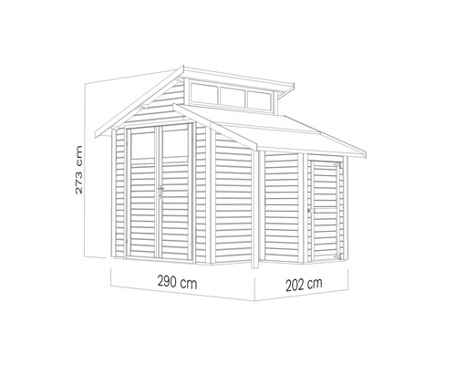 Ilustrácia záhradného domčeka s rozmermi 273 krát 290 krát 202 centimetrov.