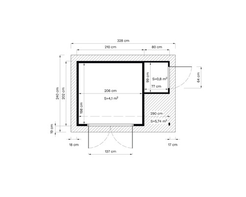 Výkres pôdorysu s rozmermi miestnosti v centimetroch