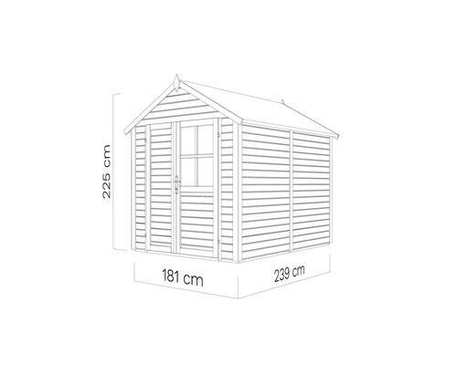 Obrázok záhradného domčeka s rozmermi: 225 cm výška, 181 cm šírka a 239 cm hĺbka.