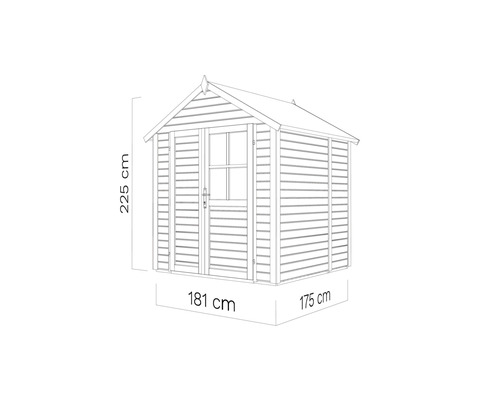 Ilustrácia záhradného domčeka s rozmermi 225 cm výška, 181 cm šírka a 175 cm hĺbka