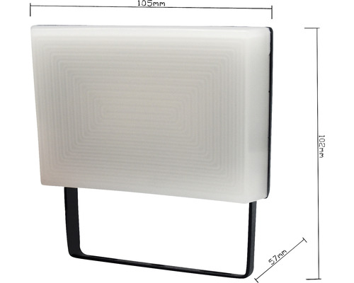LED nástenné svietidlo s rozmermi 105 mm šírka, 102 mm výška a 57 mm hĺbka.