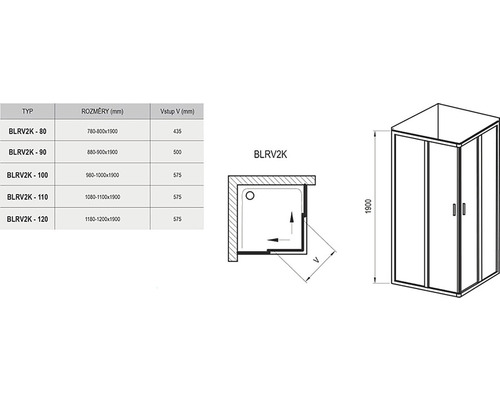 Technický nákres rohovej sprchy s rozmermi a detailmi