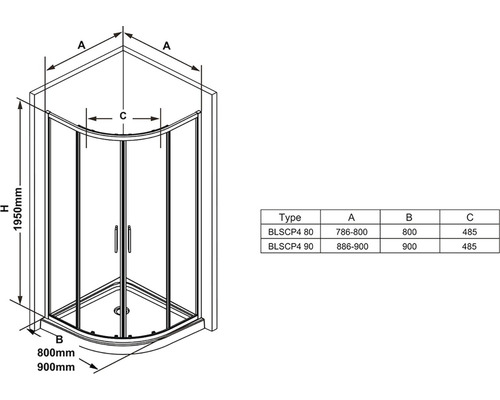 Technický nákres sprchovacieho kúta s rozmermi