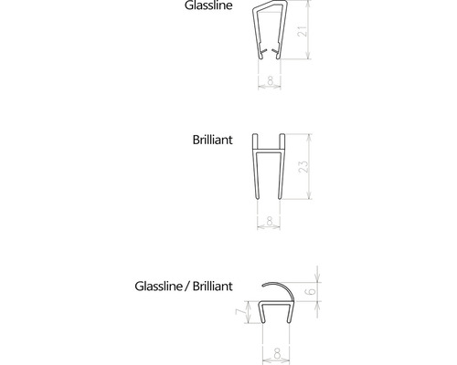 Technický nákres troch rôznych profilov zasklievacích líšt s rozmermi.