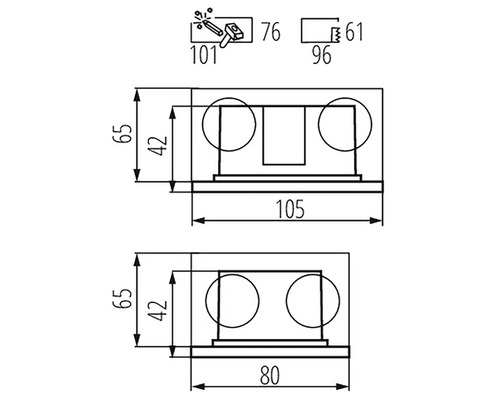 Technický nákres nábytkového kovania s rozmermi