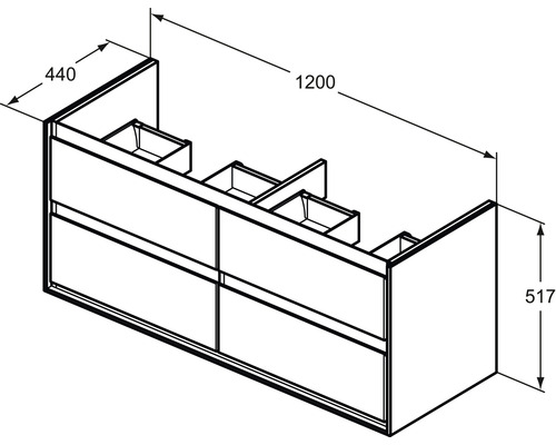 Technický nákres skrinky pod umývadlo s rozmermi 1200 x 440 x 517 mm.