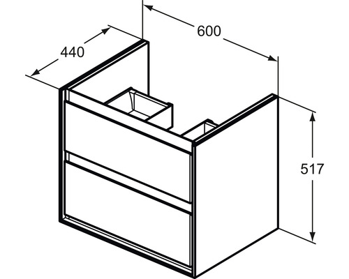 Technický nákres skrinky pod umývadlo s rozmermi 440, 600 a 517 milimetrov.