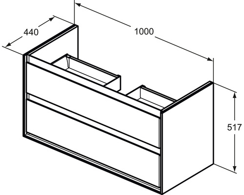 Nákres skrinky pod umývadlo so zásuvkami a rozmermi