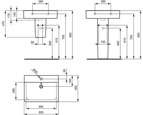Technický nákres umývadla s rozmermi.
