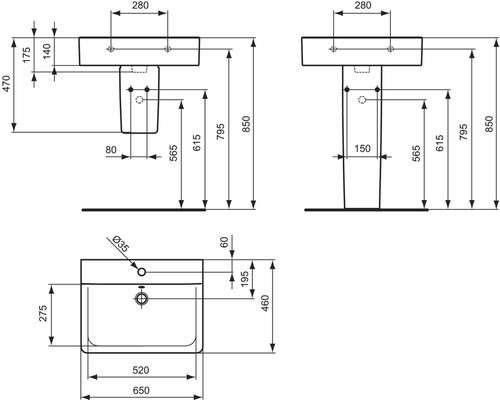 Technický nákres umývadla s rozmermi.