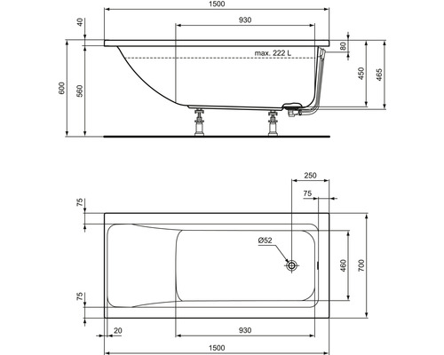 Technický nákres vane s rozmermi