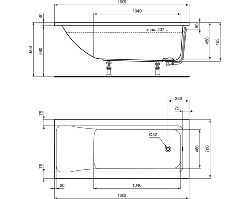 Technický nákres vane s rozmermi