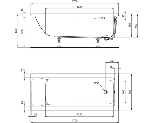Technický nákres vane s rozmermi.