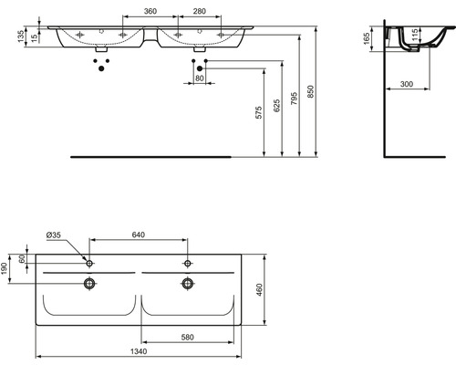 Technický výkres dvojitého umývadla s rozmermi