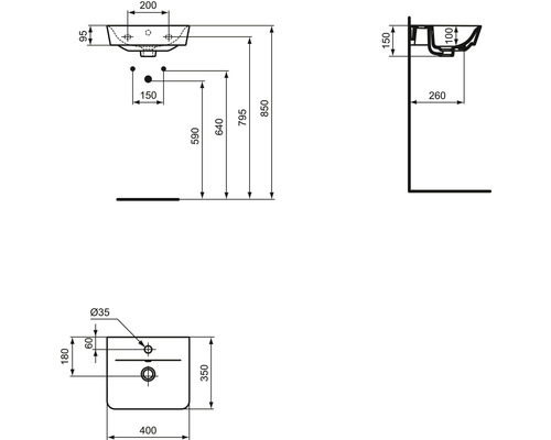 Technický nákres umývadla s rozmermi.