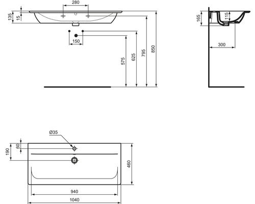 Technický výkres umývadla s rozmermi.
