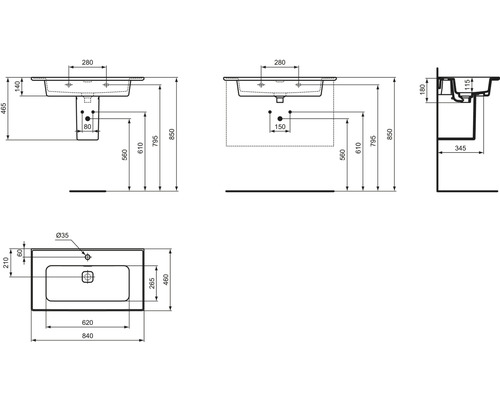 Technický nákres umývadla s rozmermi