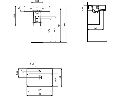 Technický nákres umývadla s rozmermi