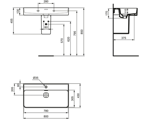 Technický nákres umývadla s rozmermi