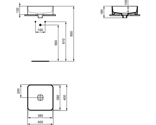 Technický výkres umývadla s rozmermi