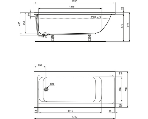 Technický nákres vane s rozmermi