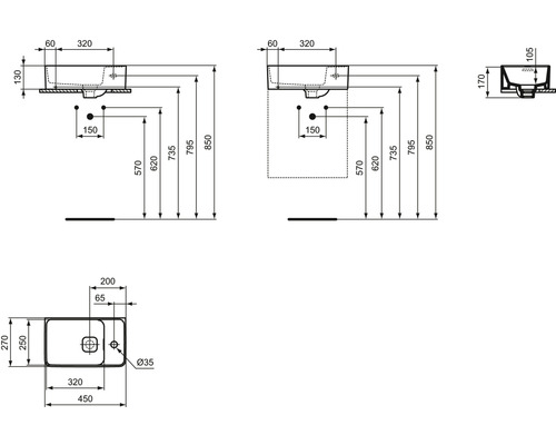 Technický nákres umývadla s rozmermi