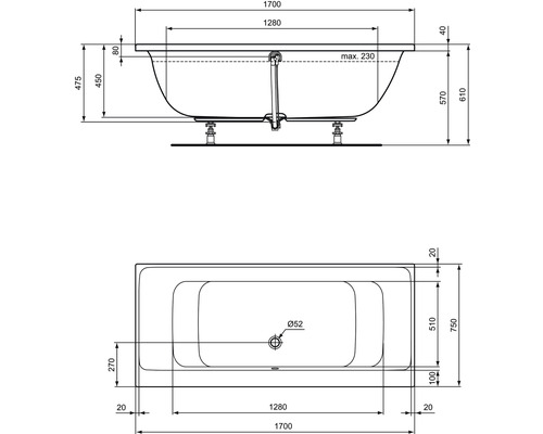 Technický nákres vane s rozmermi