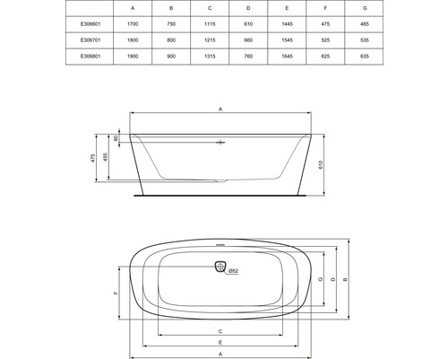 Technický nákres vane s rozmermi