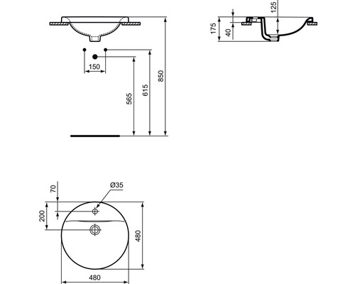Technický nákres umývadla na dosku s rozmermi