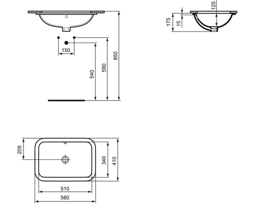 Technický nákres umývadla na dosku s rozmermi.