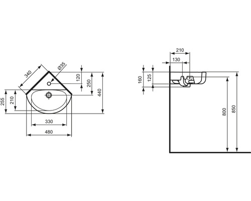 Technický nákres rohového umývadla s rozmermi