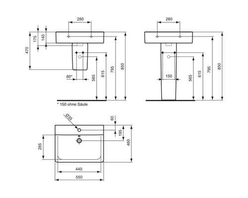 Technický nákres umývadla s rozmermi