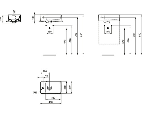 Technický nákres umývadla s rozmermi.
