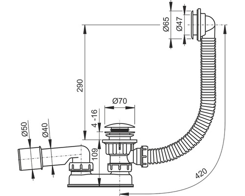 Technický výkres sifónu s rozmermi