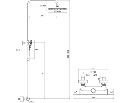Technický výkres sprchovej súpravy s rozmermi