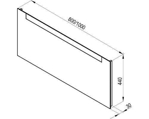 Technický nákres kusu nábytku s rozmermi 800/1000 x 440 x 30 milimetrov.