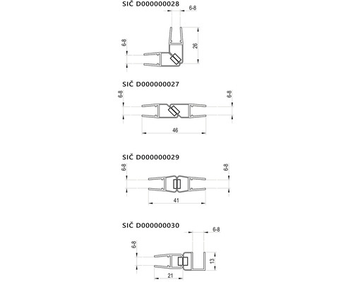 Technický nákres rohových spojok s rozmermi