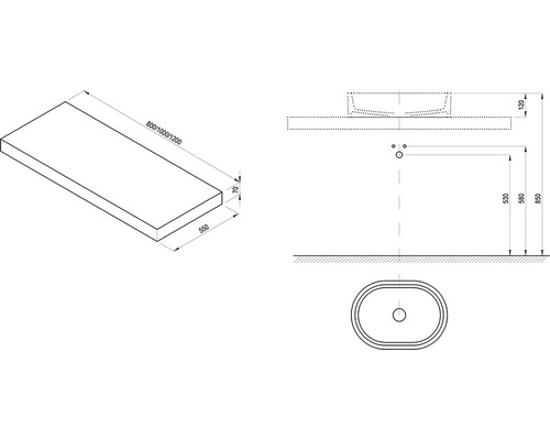 Technický nákres umývadla s rozmermi