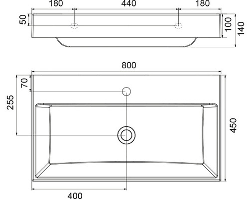 Technický nákres umývadla s rozmermi