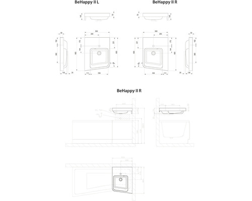 Technický nákres umývadla BeHappy II s rozmermi.