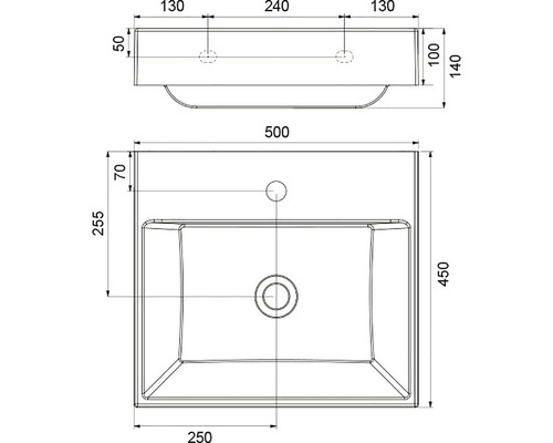 Technický nákres umývadla s rozmermi
