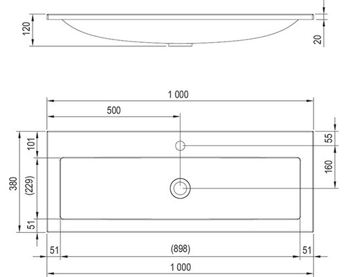 Technický nákres umývadla s rozmermi